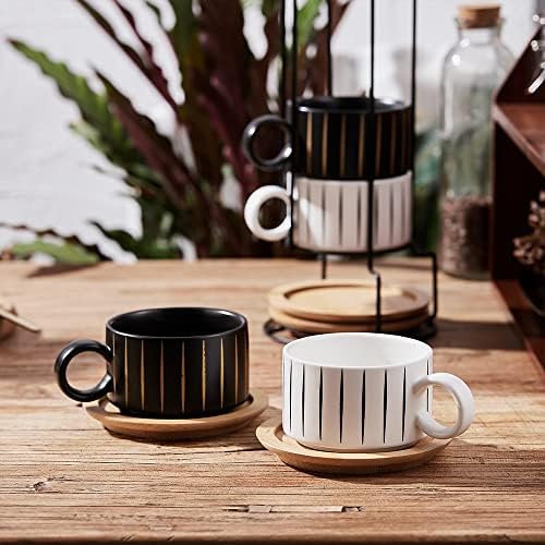 LUKA Porcelain Espresso Cup with Saucer and Metal Stand, 6 Ounce Stackable Ceramic Demitasse Espresso Mugs Cappuccino Cups Set for Latte,Coffee,Cafe Mocha,Tea(Set of 4) - Image 4