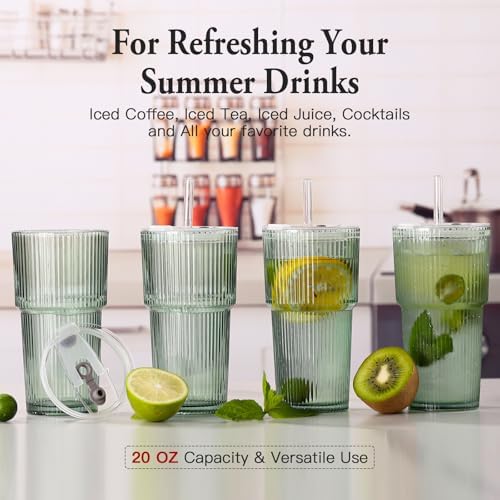 4PCS Green Ribbed Glass Cups with Lids and Straws, 20oz Vintage Drinking Glasses, Aesthetic Iced Coffee Cups, Glass Tumbler for Boba, Beer, Tea, Cocktails, Green Ribbed Glassware Set - Image 5