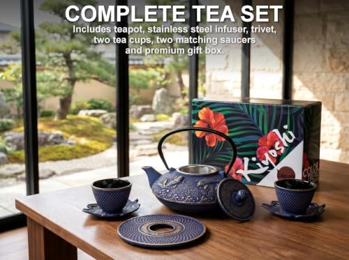 Midnight Blue Koi Cast Iron Tea Set, 2 Cups, 2 Saucers, Infuser & Trivet - Image 3