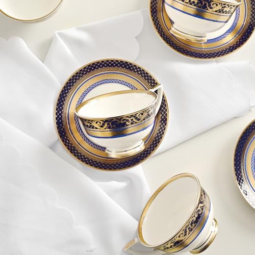 Luxury White & Gold Embossed Tea Cups and Saucers with Teapot, Sugar Bowl, & &Creamer, Vintage European Porcelain Coffee Set for Tea Party, Wedding, Gift (Gold&Navy Blue, 4pcs/set) - Image 5