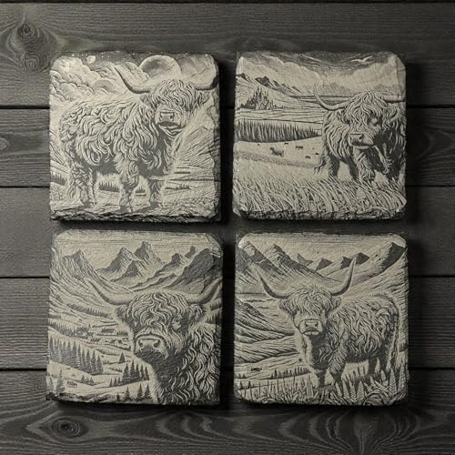 Slate Coasters Set of 4, Highland Cow Laser-Engraved Stone Coasters, 4x4 Inch Natural Black Slate Drink Coasters, Farmhouse Rustic Decor - Image 2