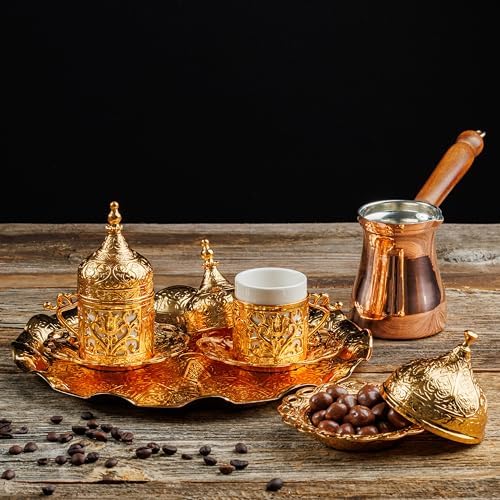 DEMMEX Turkish Greek Arabic Coffee Making and Serving Full Set with Cups Saucers Lids Sugar Bowl Tray and Copper Coffee Pot, 12 Pcs, Gold - Image 2