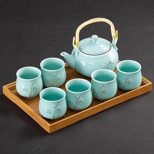 KEYDUACU Japanese Tea Set, Kiln-Formed Ceramic TeaSet, Plum Blossom Embossed, Includes 1 Teapot, 6 Teacups,Tea Tray,Strainer, Used for home, outdoor, gift, Chinese Kung Fu Tea Sets(FDMH-CYAN-MU) - Image 2