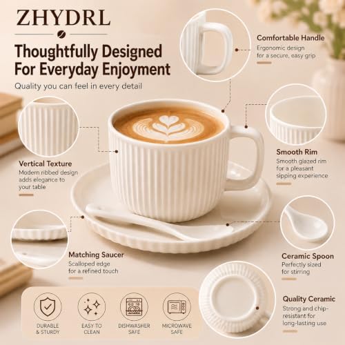 White Ceramic Coffee Cups Set of 4 with Saucers and Spoons - Image 4