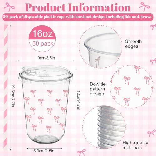 LemonRoad 50 Sets Line Bows Clear Plastic Cups with Lids & Straws 16 oz Pink Party Tumblers for Iced Coffee, Smoothies, Juice & More Cute Disposable Pet Mugs for Birthdays & Gatherings - Image 2