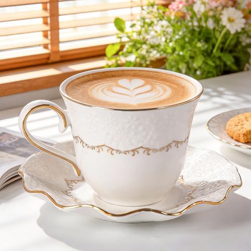 Tea Cups and Saucers Set of 2, 6.4oz Stackable Porcelain Coffee Cup, YFH11 - Image 5