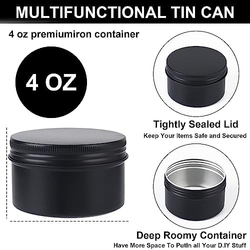 OBKJJ 64 Pack Round Cans with Screw Lid 4 Oz Aluminum Metal Tins DIY Food Candle Containers for Lotion Bars, Balms, Salve, Spices, Beard Balm, Crafts with 4 Markers 2 Sheets Label Stickers (Black) - Image 2