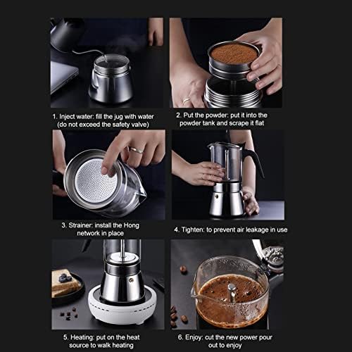 Zooke Classic Stovetop Espresso and Coffee Maker, Stovetop Espresso Maker Stainless Steel Italian Coffee Machine Maker, Crystal Glass 6 Espresso Cups Pot for Italian Cuban Café - Image 4