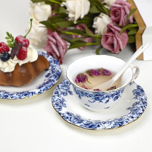 Bone China Tea Set for Adults, 13-Piece Blue and White Porcelain Tea Set for 4, Vintage Floral Tea Set With Teapot and Teaspoons, Tea Party Sets for Women Gift (Blue C) - Image 5