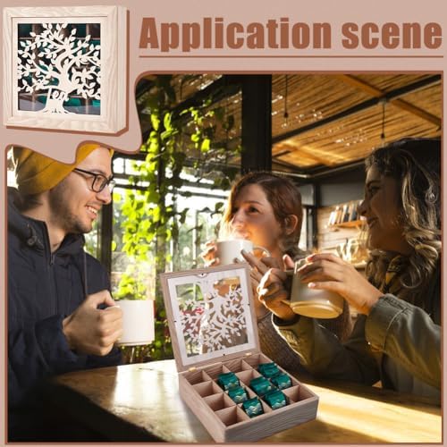 UNICRAFTALE Wood Tea Box Organizer Tan Tea Bags Holder 16 Compartment Hollow Tree of Life Tea Organizer Tea Bag Holder Organizer for Countertop Kitchen Cabinet Pantry 12.6x12.6x3.6 inch - Image 6