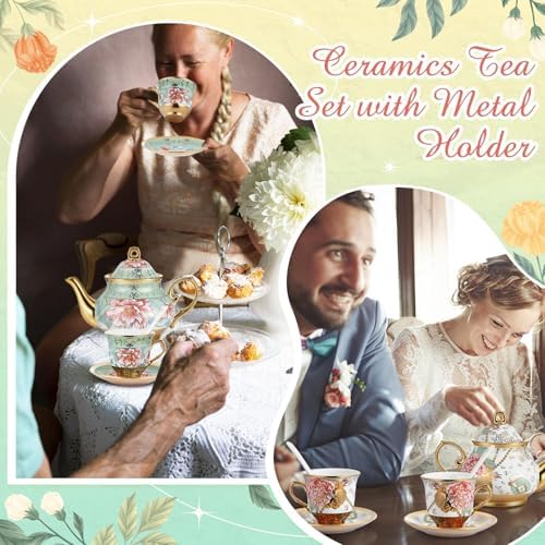 Zhehao 40 Pcs Porcelain Tea Set for Adult, with Metal Holder, Royal - Image 6