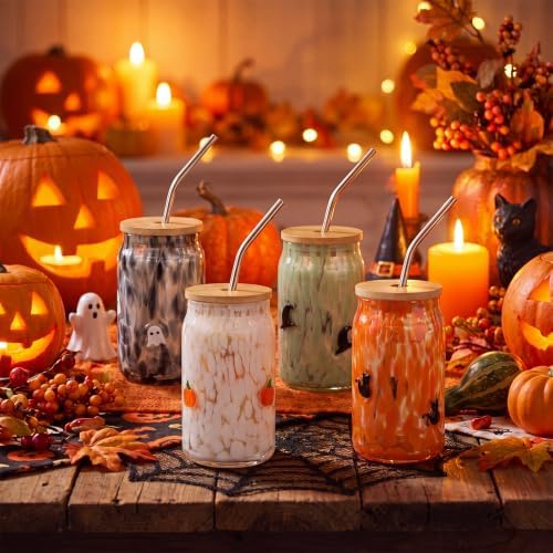 Vesici 4 PCS Halloween Icon Glass Cups, Ghost Pumpkin Cat Witch Hat 16oz - Image 4