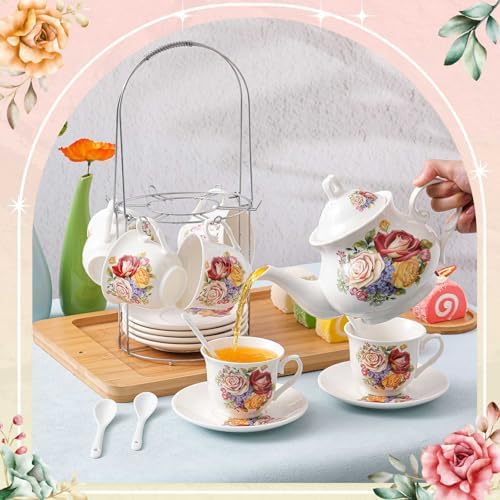 Zhehao 20 Pcs Porcelain Tea Set for Adult, with Metal Holder, Floral - Image 3