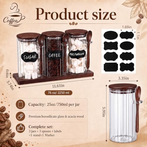 Set of 3 Glass Coffee Container with Bamboo Lids Spoons Labels 25 oz Clear Airtight Jar Food Storage Canister Set for Coffee Tea Sugar Decorative Countertop Organization Jars(Walnut) - Image 4