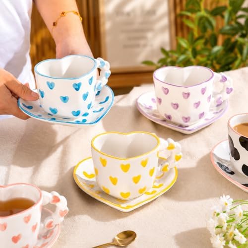 Pink Cute Heart Shaped Coffee Mug with Saucer, 260ML Ceramic Tea Cup with Heart Handle, Aesthetic Latte Cappuccino Mug for Coffee Tea, Gift for Women Girls - Image 4