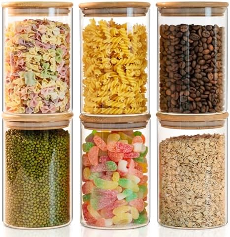 Liuruiyu 50oz Glass Food Storage Jars Set of 6,Glass Storage Containers Clear Glass Food Canister with Bamboo Lid Airtight For Serving Tea, Coffee, Flour, Sugar, Candy, Cookie, Spice and More (Round) by Liuruiyu