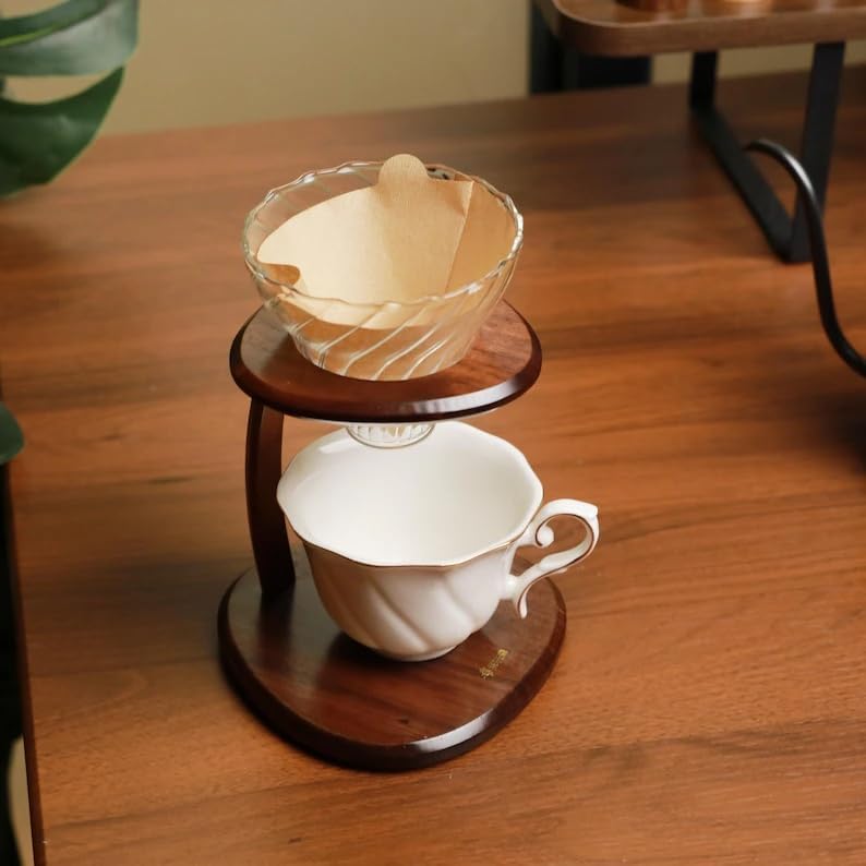 Wooden Pour Over Coffee Stand, Modern Minimalist Drip Coffee Holder, Glass Dripper & Ceramic Cup Set for Home Kitchen Barista, Countertop Coffee Brewing Station - Image 6