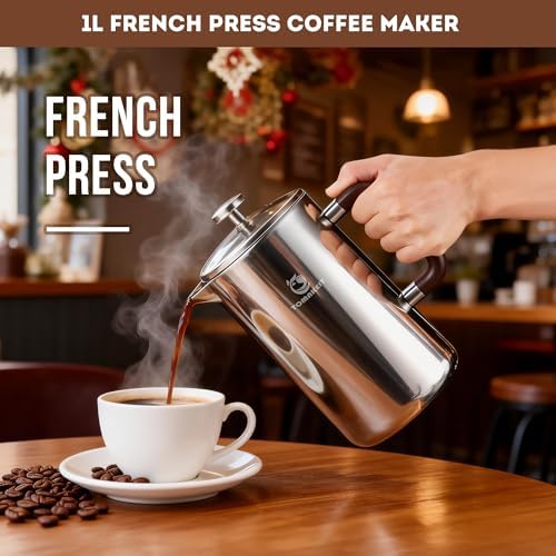 TOMAKEIT 1L/34 Oz French Press Coffee Maker,304 Stainless Steel Coffee Press,Durable & Easy Clean,Leak-Proof Design,Prensa Francesa Para Cafe for Home,Office,Camping (Silver-Upgrade) - Image 2