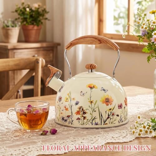 Sylfaen Tea Kettle for Stove Top, 2.5 Quart Floral Whistling Kettle, Beige - Image 7