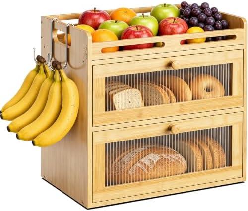 Bread Box for Kitchen Countertop, 2-Tier Bamboo Storage with Top Shelf by Unknown
