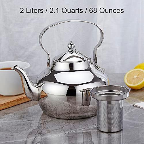 68oz Stainless Steel Teapot with Removable Filter, Portable Coffee Pot for Loose Leaf Tea Bags, Metal Gooseneck Kettle, 2 Liter Hot Water Kettle Boiling Pot, Silver - Image 2