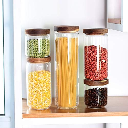 Glass Canisters Set of 5 for the kitchen, Glass Storage Container jars with Airtight Acacia Lid for Coffee Beans, Flour, Sugar, Rice and Spaghetti and etc - Image 6
