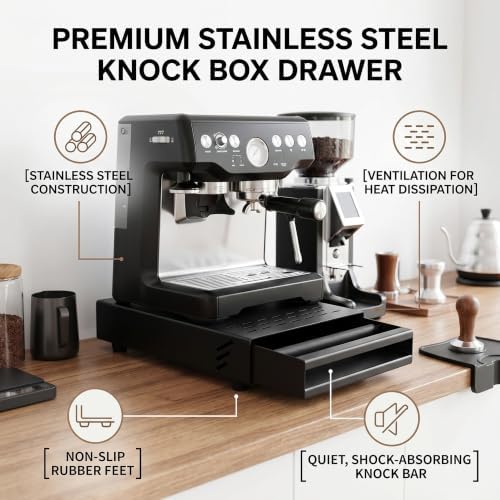 Espresso Coffee Knock Box Drawer, Removable Rubber Strike Wood Pole Coffee Knock Box Drawer, Stainless Steel Coffee Powder Box Non Slip Base (Black) - Image 5
