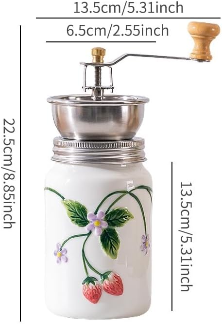 Strawberry Ceramic Manual Coffee Grinder, Hand Crank Coffee Bean Mill, Pour Over Dripper, Milk Pitcher & Mug, Vintage Floral Coffee Maker Kit for Home Kitchen Café Brewing (Manual Coffee Grinder) - Image 7