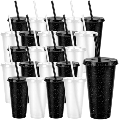 24Pcs Black & White Tumblers with Straw & Lid - 24oz Coffee Cups by Pineburg