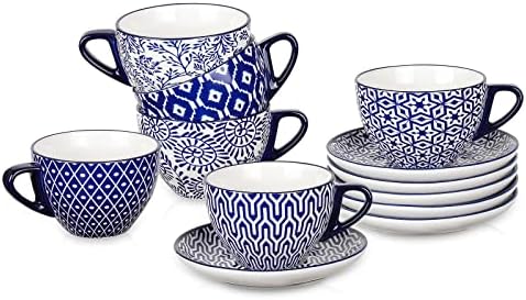 Selamica Ceramic 8 oz Cappuccino Cup Set with Saucers, Espresso Coffee Cups, Latte Macchiato for Party Cafe Home, Set of 6, Vintage Blue by Selamica
