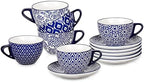 Selamica Ceramic 8 oz Cappuccino Cup Set with Saucers, Espresso Coffee Cups, Latte Macchiato for Party Cafe Home, Set of 6, Vintage Blue by Selamica