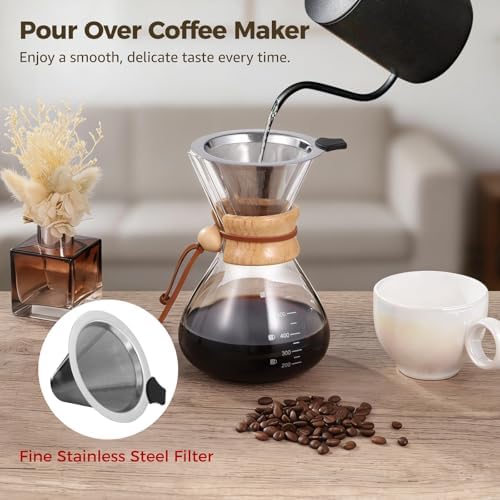 Pour Over Coffee Maker, 20 oz Borosilicate Glass Coffee Pot with Stainless Steel Mesh Strainer and Wood Collar, Heat Safe Carafe for Home, Office, Camping, Hiking - Image 4