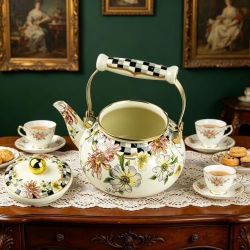 Floral Enamel Tea Kettle Bohemian Vintage Teapot Hot Water Coffee Kettle Pot 2.5L Porcelain Beige Colorful Rustic Tea Pot for Stovetop Hot Water Kitchen Decor - Image 3