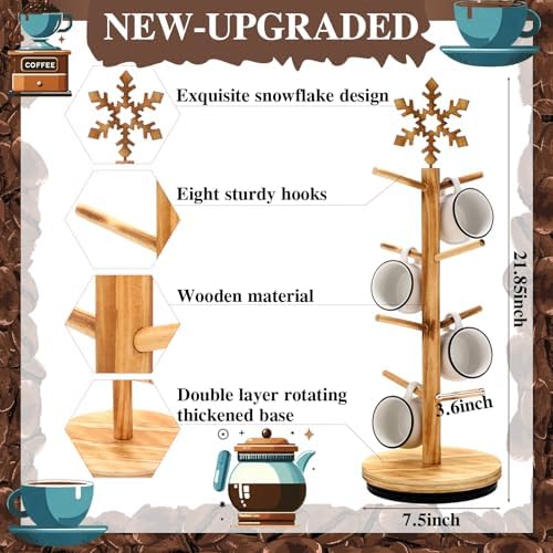 DoubleFill Christmas Tree Coffee Mug Holder 8 Hooks Snowflake Mug Holder for Countertop Snowflake Cup Rack Wood Christmas Tree Display for Winter Kitchen Coffee Accessories - Image 7