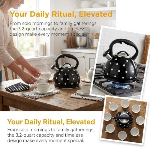 2026 Upgraded Whistling Tea Kettle Stovetop, 3.2qt 304 Stainless Steel Teapot with Polka Dot Design, Retro Cool Touch Teakettle for Gas Induction Electric Stove Black/White 3.2 Quarts - Image 5