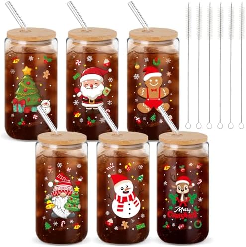 6 Pack Christmas Glass Cups Gifts, 16 oz Xmas Glass Tumbler, Classic Style by Acellegic