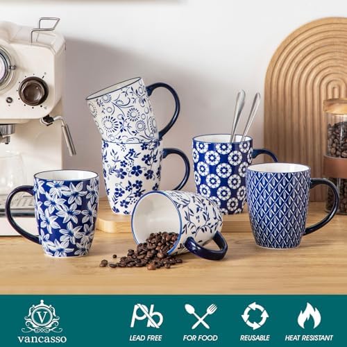 vancasso SELENE Large Coffee Mugs Set of 6, 16 Oz Porcelain Coffee Cups with Handle, Ceramic Tea Cup for Cappuccino, Latte, Tea, Cocoa, Dishwasher & Microwave Safe Gift Sets, Vintage Blue - Image 3