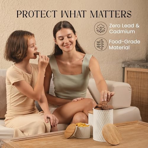 6 Canister Set for the Kitchen Countertop – Metal Food Storage Canisters with Airtight Lids for Flour, Tea, Crafts, Coffee, & Sugar – Container Set with Modern Wood Lids, White - Image 6