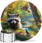 Forest Raccoon Drink Coasters Set of 8 with Holder,Absorbent Round Ceramic Coasters for Desk,Animal Bird Mountains Tree Natural Landscape Cup Mats for Home Kitchen Office Party Coffee Table Decoration by Unknown