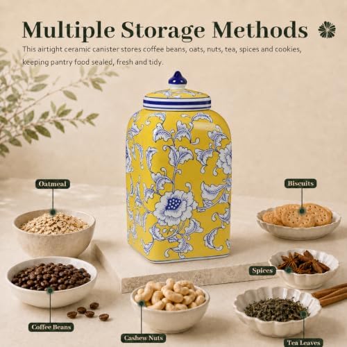 12.5" H Ceramic Kitchen Canisters for Countertop, Tea & Coffee Bean Storage Canister with Airtight Lid, Hand-painted Chinoiserie Decor Ginger Jar for Home Decor, 155 fl oz - Yellow Peony - Image 3