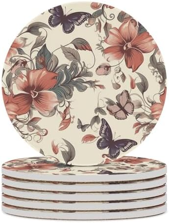 Natural Style Floral Decoration Coasters Round Coasters Set Ceramic Stone Coaster with Cork Base Coffee Cup Beverage Cup Mat Cute Funny Table Drinks Coaster for Mugs and Cups Office Kitchen by Unknown