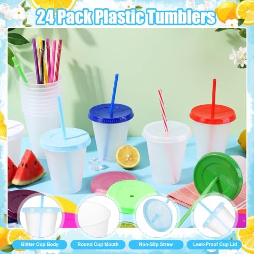 24 Pcs Plastic Tumblers with Lids and Straws, Reusable Cups with Lids Plastic Colorful Cups for Party Birthday, Iced Coffee Cup Travel Mug Cold Drink Cups Tumblers Bulk (16 oz, Clear Color) - Image 3