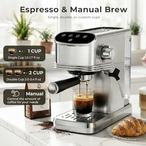 Kismile Espresso Machine 20 Bar, Small Coffee Maker with Milk Frother, Stainless Steel Coffee Machine with 45oz Removable Water Tank for Cappuccino, latte, Silver - Image 4