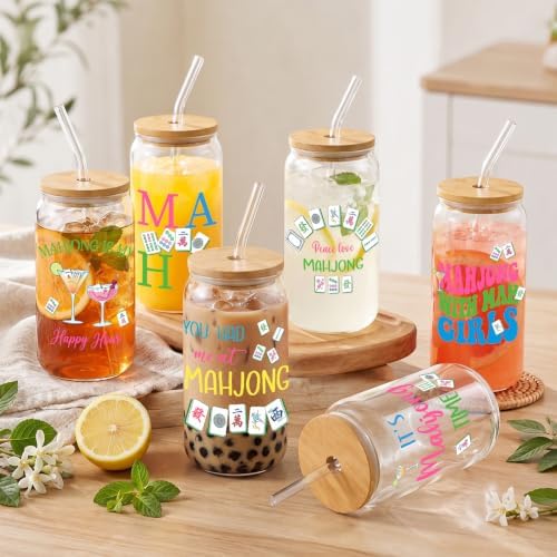 Glass Cups with Lids and Straws, 6Pack, 16oz, Mahjong Game - Image 5