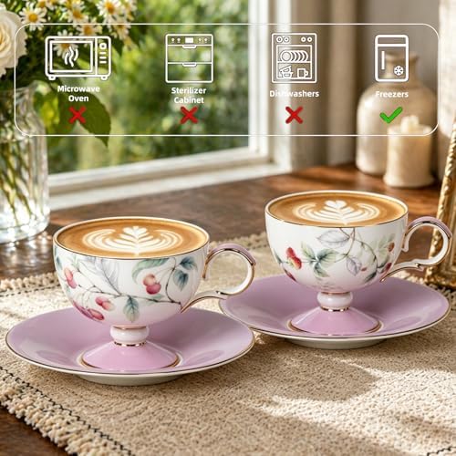 KAMMAK Tea Cups Set of 2,Ceramic Floral Pattern Demitasse Cup - Image 7