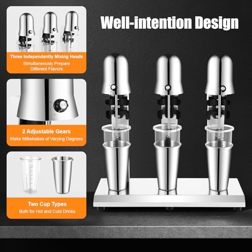 3 Heads Milkshake Mixer, 375W Commercial Electric Milkshake Machine Triple Heads Drink Mixer Blender Machine Tea Drink Milk Frother with PC Cups & Stainless Steel Cups for Beverage Stores Cafes - Image 3
