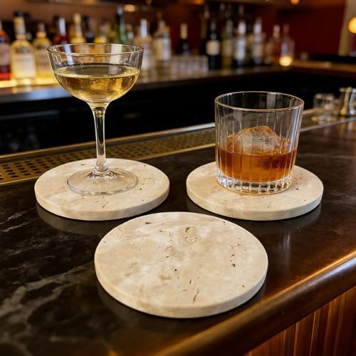 JOLENE.K Absorbent Natural Travertine Marble Drink Drink Mats, Set of 4-4-Inch Round Stone Drink Mat Set - Non-Slip Cork Backing, Spot & Mark Resistant Table Protectors - Tufa Natural Color - Image 6