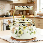 Floral Enamel Tea Kettle Bohemian Vintage Teapot Hot Water Coffee Kettle Pot 2.5L Porcelain Beige Colorful Rustic Tea Pot for Stovetop Hot Water Kitchen Decor - Image 2