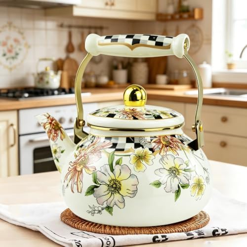Floral Enamel Tea Kettle Bohemian Vintage Teapot Hot Water Coffee Kettle Pot 2.5L Porcelain Beige Colorful Rustic Tea Pot for Stovetop Hot Water Kitchen Decor - Image 2
