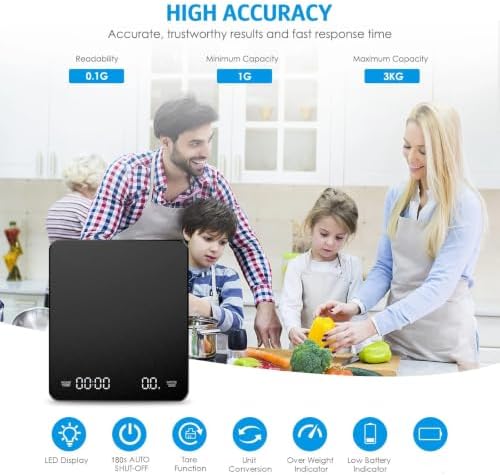 3kg/0.1g Precision Coffee Scale with Positive & Negative Timer, Rechargeable Digital Kitchen for Espresso Brewing, Matte Black, Compatible with Pour Over Drip Coffee Making - Image 5
